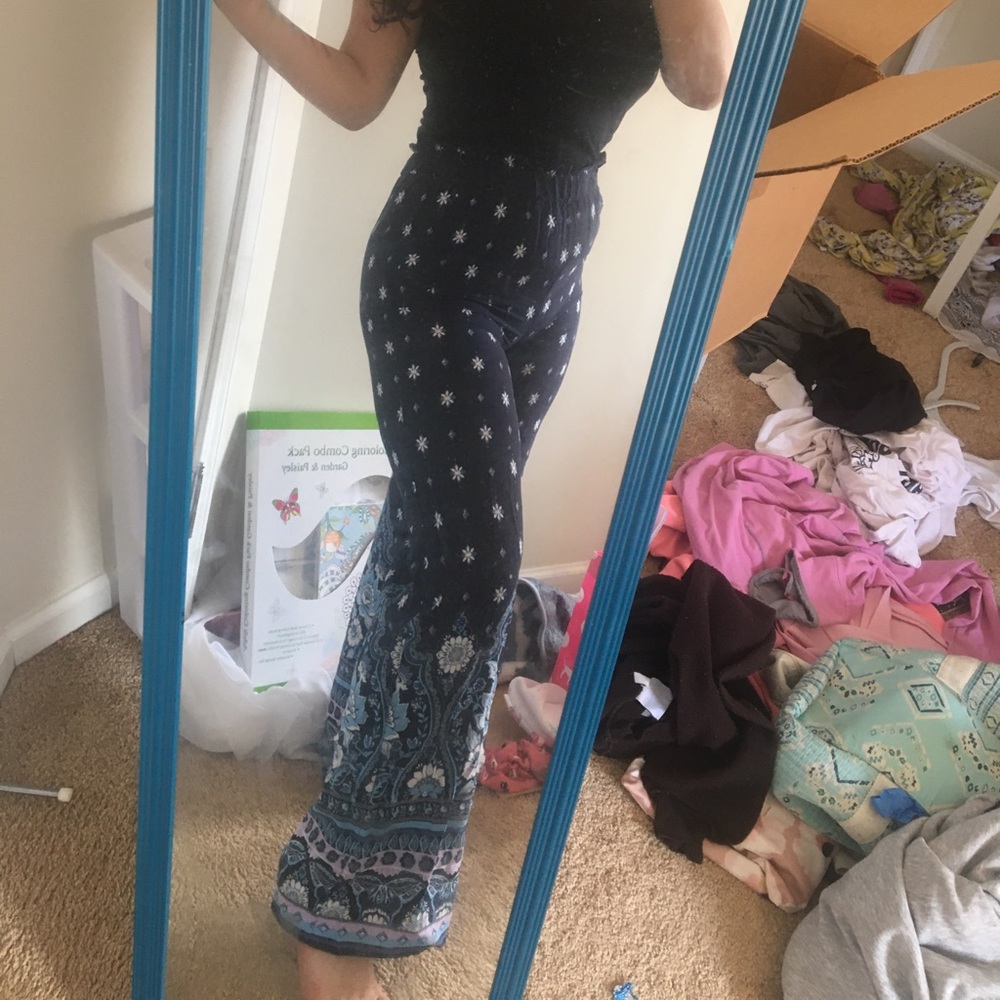 Blue Flowy Pattern Pants (wide leg flare)